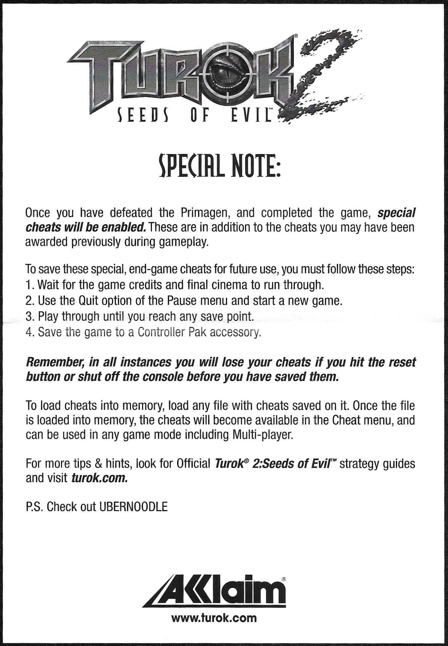 00 Goodies/Manuals/Reference Card/Turok 2 - Seeds of Evil (USA) - Special Note.jpg