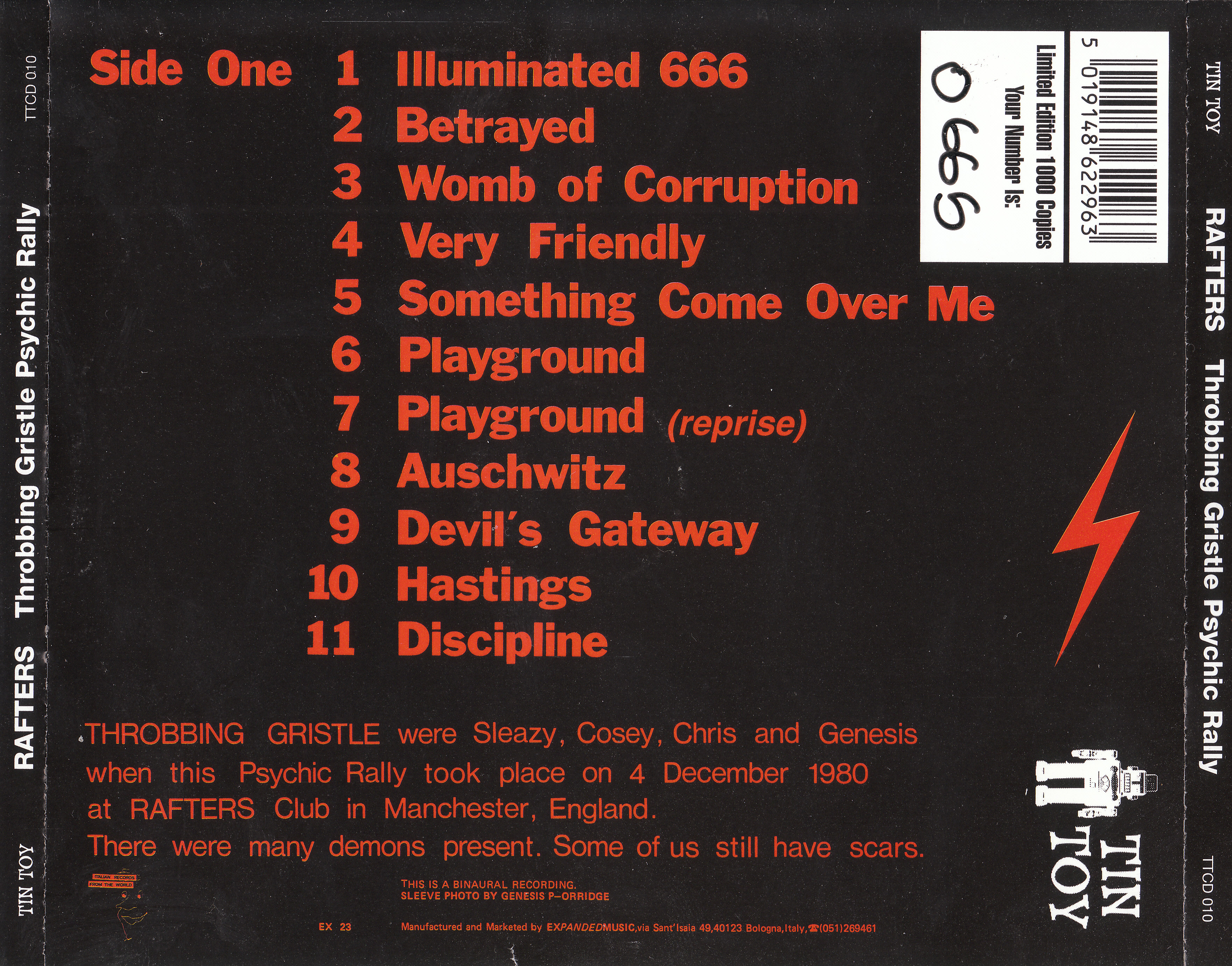 Bootlegs/1982 - Rafters - Psychic Rally/covers/Throbbing Gristle - Rafters Psychic Rally_back.jpg
