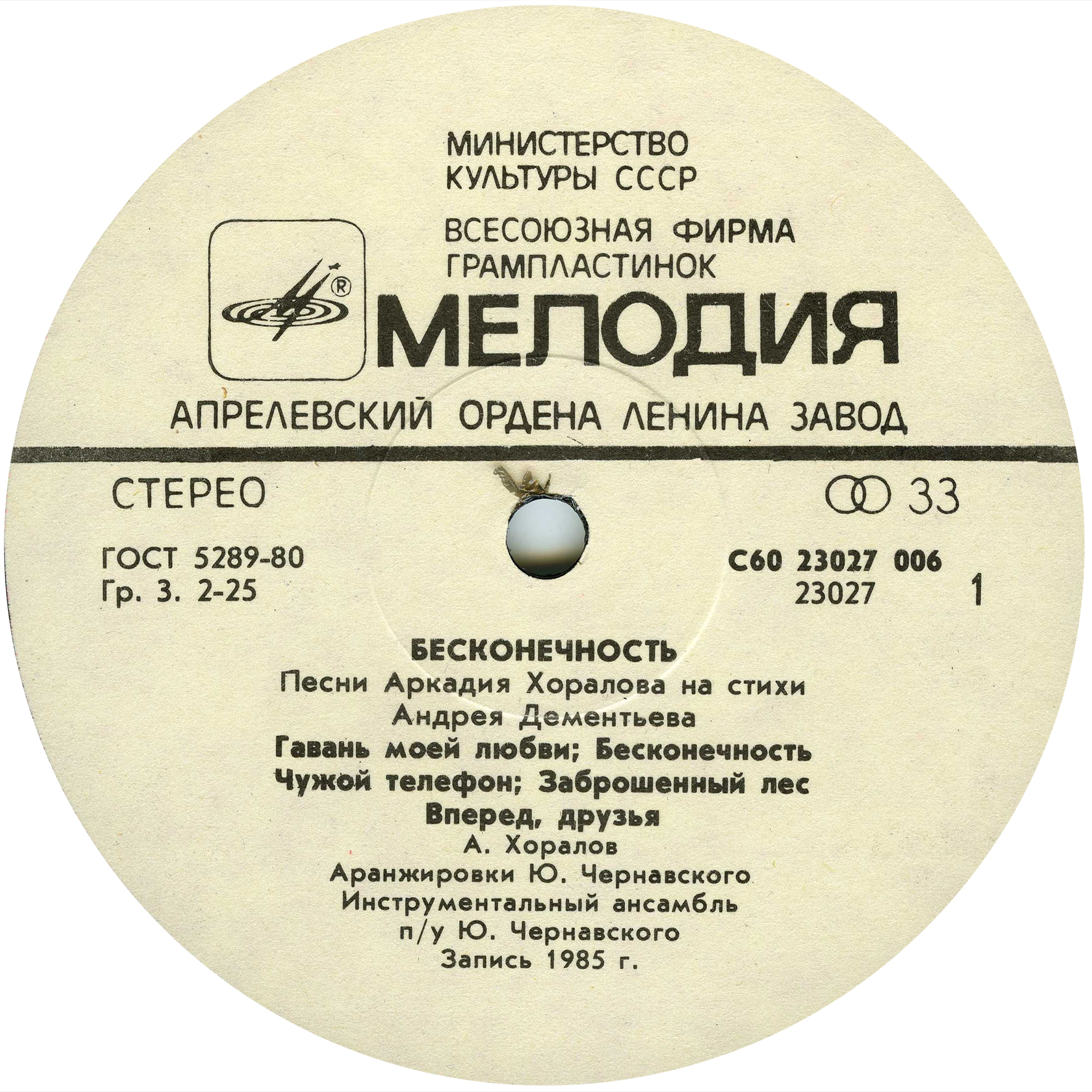Аранжировки Чернавского/Аркадий Хоралов 1985 Беcконечность (С60 23027 006)/Cover/side 1.jpg